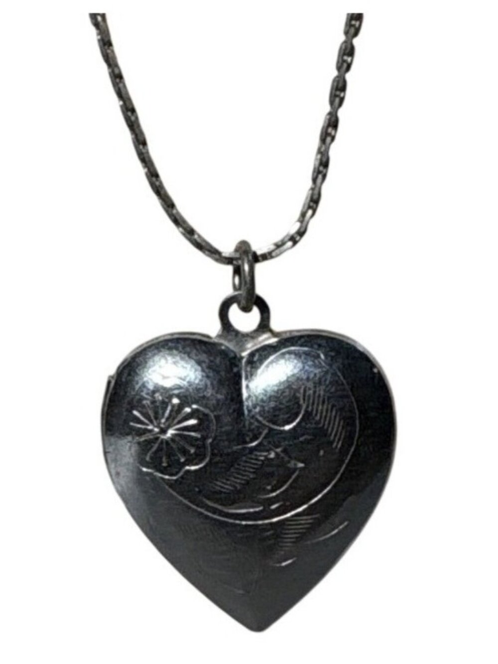 Heart Shaped Silver Tone Locket Necklace With Engraved Design & 20" Chain Photos